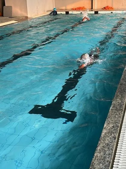 Swimming is a skill that offers a lifetime of fitness and enjoyment. A member glides through the water during a training session in our indoor pool.