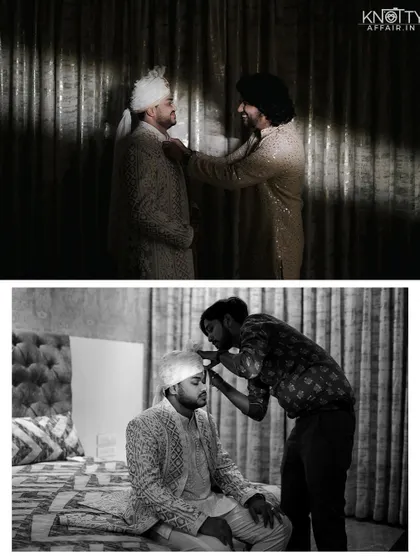 The groom getting ready for the big day, with help from his friends. These black and white shots add a classic, documentary feel.