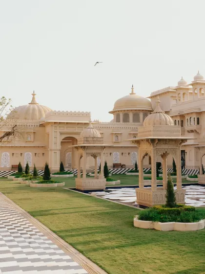 The magnificent facade of The Oberoi Udaivilas in Udaipur. I believe the venue is a central character in the wedding story, and I take care to capture its grandeur.