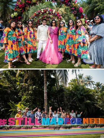 The couple posing with their friends and a colorful "#StillMadForNeer" sign, celebrating 25 years of togetherness.