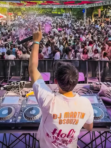 The view from my console, looking out at a sea of people celebrating Holi. I love being the one to provide the soundtrack for this much joy.