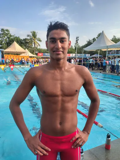 Dhakshan S, a picture of confidence after his record-breaking 800m Freestyle swim.