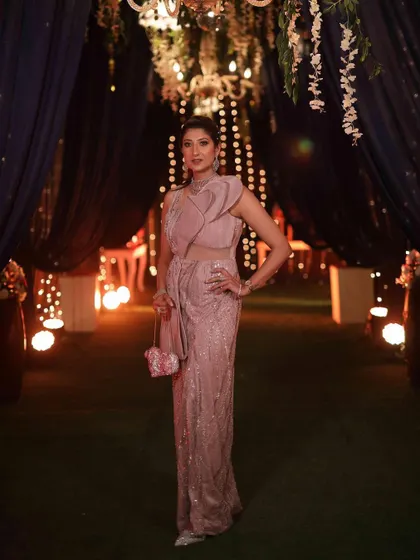 A full look of my own makeup and styling for a wedding event. I believe in practicing what I preach, so I created a soft glam look with defined eyes and a neutral lip to complement my sequined saree.
