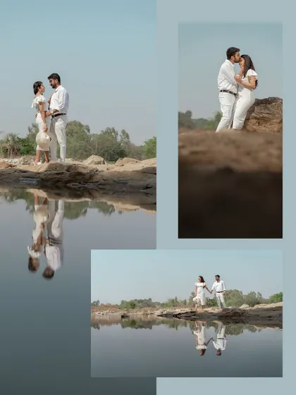 A collage showing the couple's reflection in the water. This demonstrates our eye for creative compositions and using the natural environment to our advantage.