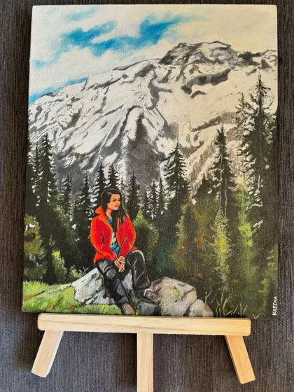 I also paint memories on canvas. This piece was commissioned from a client's travel photograph, capturing a serene moment in the mountains. It's a way to hold onto a special memory forever, turning it into a beautiful piece of home decor.