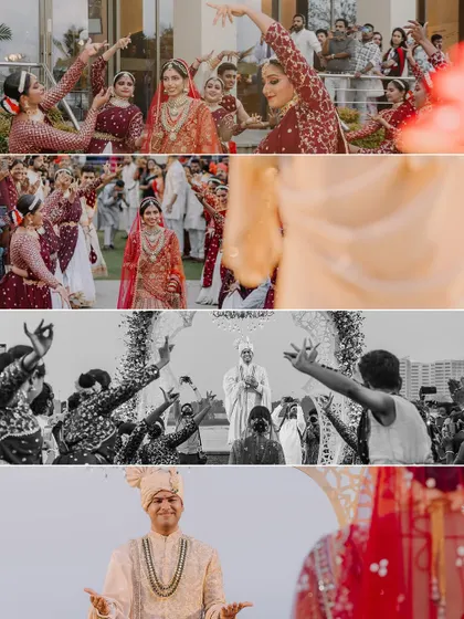 The bride's grand entrance, accompanied by dancers, and the groom's joyful reaction. This collage captures the performance and emotion of Maheswari's arrival.