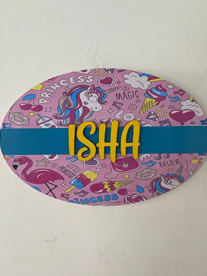 This unicorn-themed nameplate for Isha is full of magic and fun. I can personalize these with any name and a wide variety of themes that your child will love.