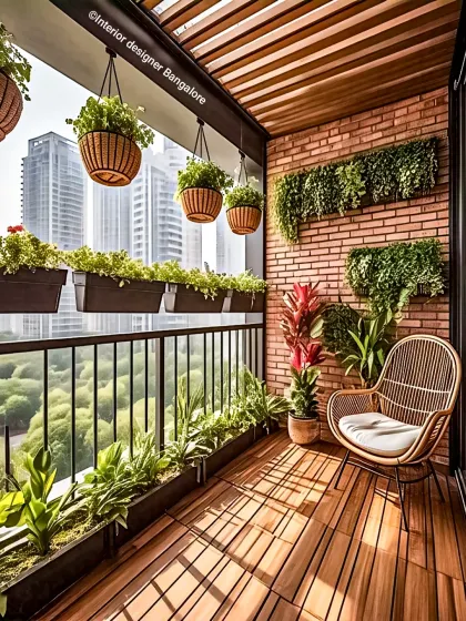 An urban jungle balcony with an exposed brick wall and a mix of hanging and railing planters. The wooden deck and comfortable rattan chair make it a perfect spot to relax and enjoy the city view.