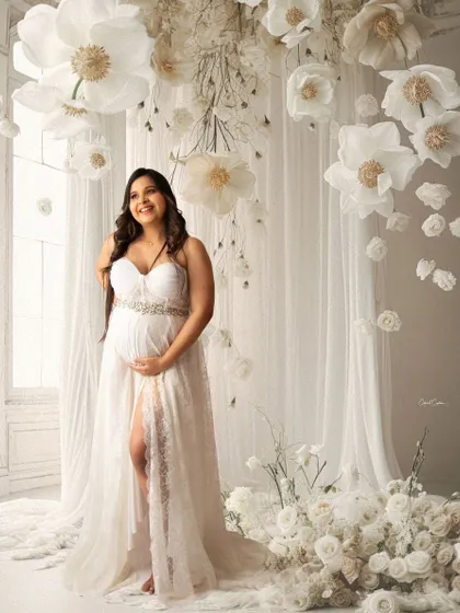 An absolutely angelic scene. This mom-to-be is surrounded by a cascade of white paper flowers, looking radiant in her white lace gown.
