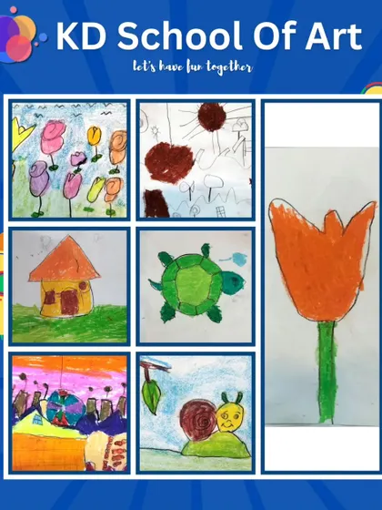 Collages showing the amazing variety of oil pastel drawings from our classes, from flowers and animals to landscapes and festive themes.