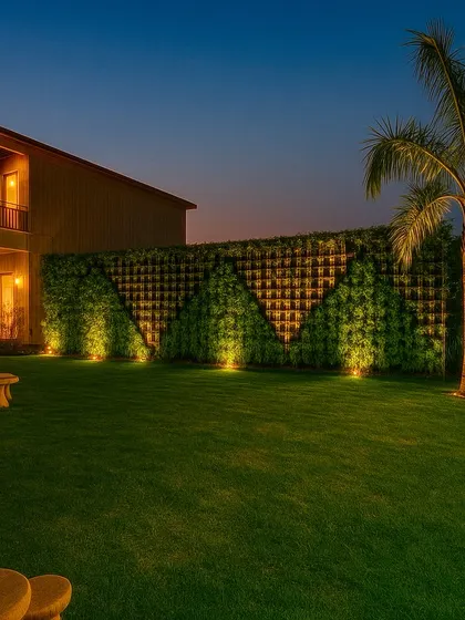 A 3D render for a farmhouse in Noida, showing a large lawn with a geometric green wall and palm trees, illuminated at night.
