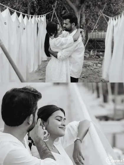 A two-part story in black and white. This collage contrasts a wider shot of the couple embracing with an intimate close-up, showing how I capture both the scene and the emotion.