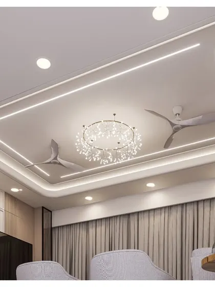 A 3D render of a luxurious living room ceiling. The design features a multi-layered false ceiling with cove lighting and a statement crystal chandelier, creating a grand and opulent effect.