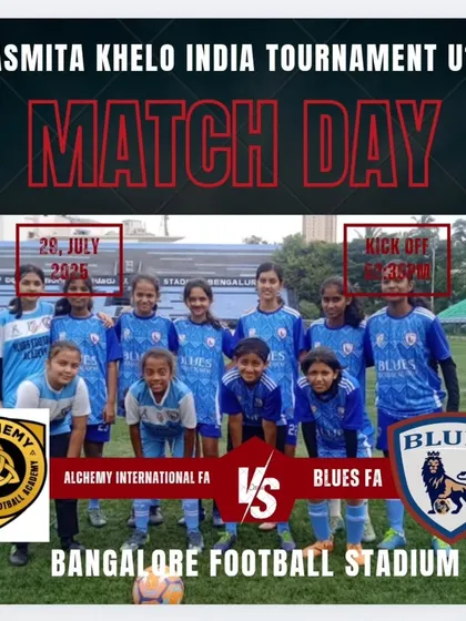 Match Day announcement for our U13 girls in the Asmita Khelo India Tournament at Bangalore Football Stadium.