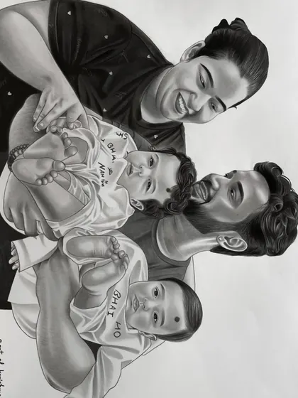 A beautiful family captured in a custom A3 charcoal sketch. I focused on the joyful interactions between the parents and their twin babies, creating a piece full of love and connection.