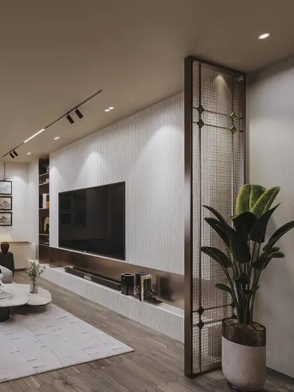 A family lounge in a Kasauli villa, designed for comfort. The render focuses on the textured wall panels, cozy sectional sofa, and integrated media unit.