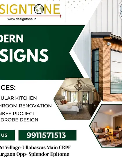 This graphic lists our core services: modular kitchen, bathroom renovation, turnkey projects, and wardrobe design, all under the umbrella of "Modern Designs."