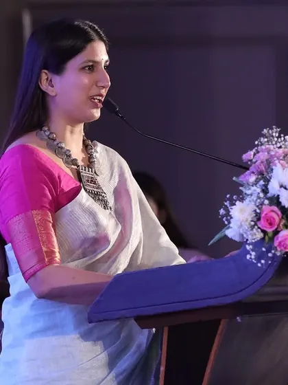 Delivering my speech at the Bharat Tex 2025 event, addressing a room of industry leaders and government officials.