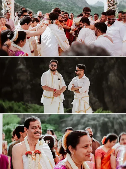 A triptych of candid moments, showing groomsmen, family members, and the general atmosphere of the wedding.