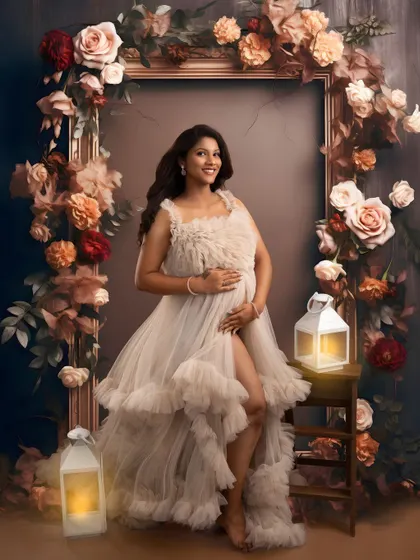 A full view of the beautiful floral frame and ruffled gown. The mother's happy expression and the warm lighting create a cozy and elegant atmosphere.