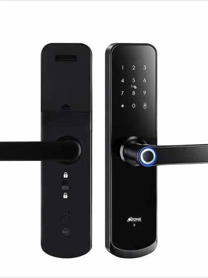 A clean product shot of the Ozone smart lock, showing both the exterior and interior units. This highlights the sleek, modern design suitable for any contemporary home.