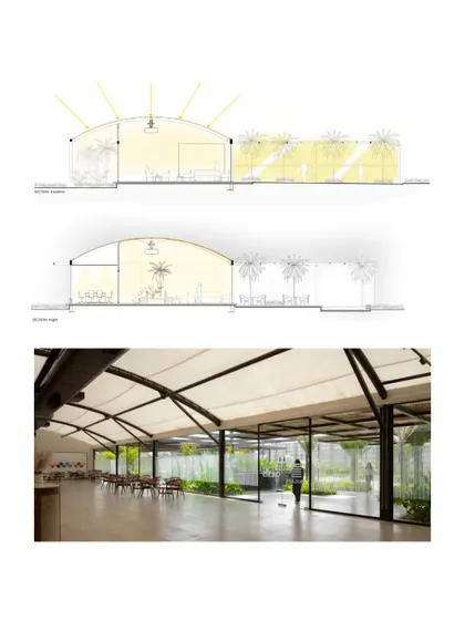 This sheet shows a section of the Brigade Oasis experience center, illustrating how the tensile roof provides soft, filtered daylight. The drawing also details the custom linear lighting integrated into the central AC duct.