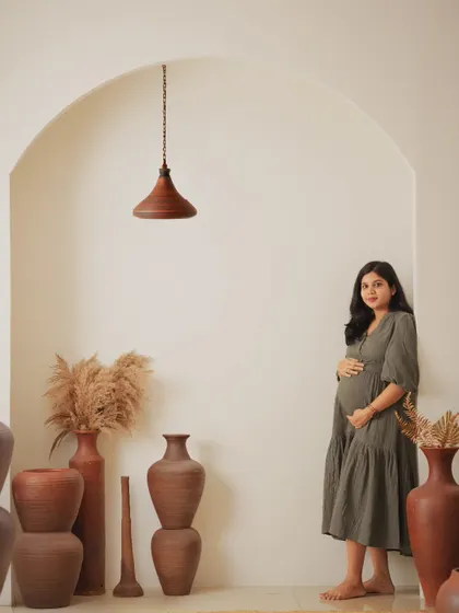A beautifully composed shot within our studio's boho setup, featuring terracotta vases and pampas grass for an earthy and artistic feel.
