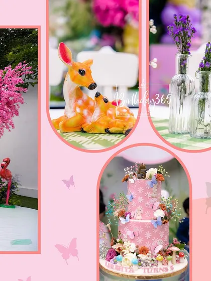 Details from a butterfly-themed party, including a beautiful tiered cake, floral arrangements, and adorable deer props.