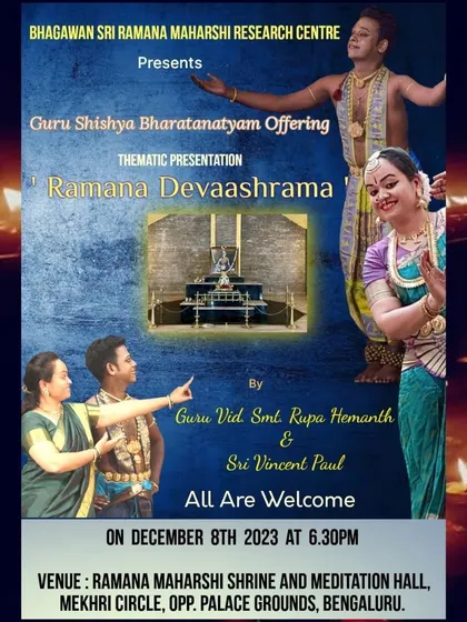 A vibrant poster for the 'Ramana Devaashrama' Guru-Shishya Bharatanatyam offering. The imagery of the dancers and the shrine beautifully conveys the devotional theme of the performance.