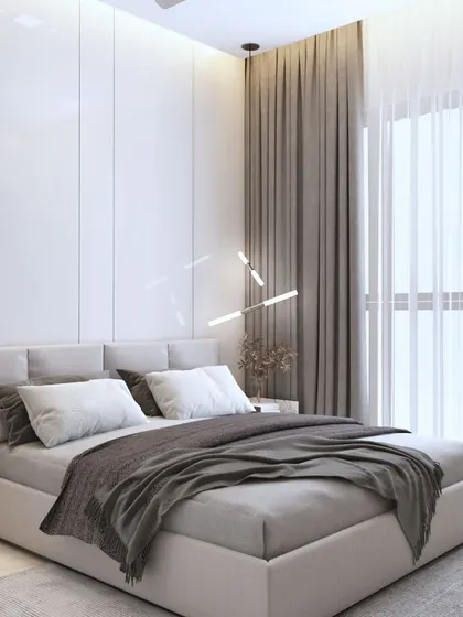 This 3D concept for a master bedroom uses white wall paneling and large windows to create a bright and airy feel. The design is minimalist yet comfortable.