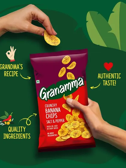 This packaging shot for Granamma banana chips uses hands to create a sense of authenticity and connection. The vibrant colors and playful graphics help the South Indian snack brand feel both traditional and modern.