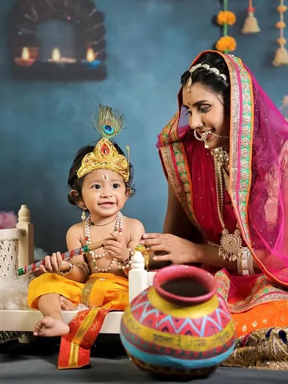 A playful interaction between mother and son during the Yashoda-Krishna photoshoot.
