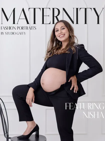 Redefining maternity style with a modern fashion portrait. Nisha looks absolutely stunning, blending a chic, powerful outfit with the beautiful glow of her baby bump.