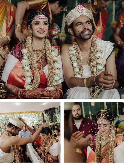This set of images captures the solemnity and joy of the wedding ceremony. From the couple seated at the mandap to the significant moment of the groom tying the thali, it’s a narrative of sacred vows.