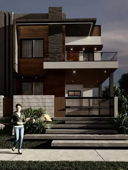 A modern home design with a prominent staircase and natural stone elements. The render includes a human figure to give a sense of scale and liveliness.
