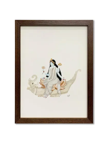 The full view of the framed artwork. The dark wood frame provides a beautiful contrast to the light background of the piece.