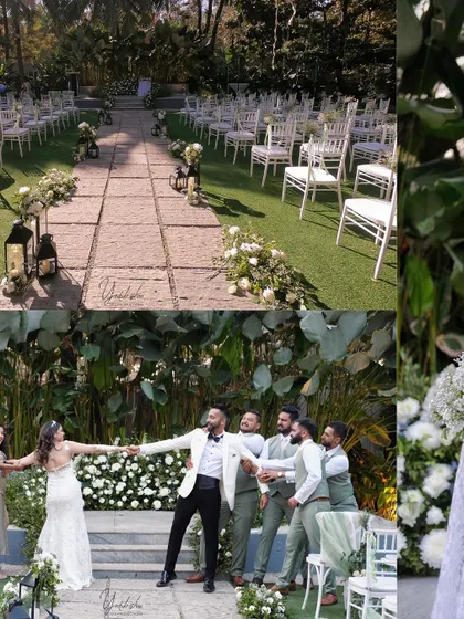 A collage showing fun moments from a minimalist wedding reception, including the couple with their wedding party and the elegant aisle setup.