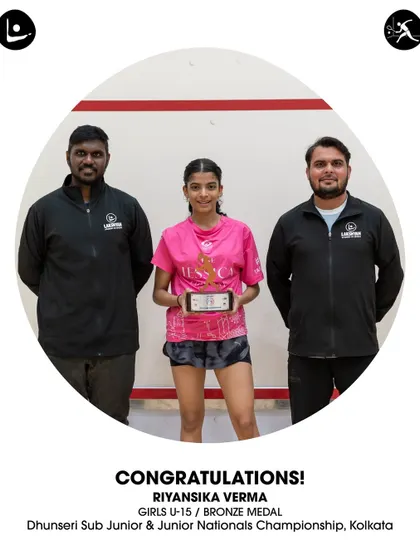 Our squash athlete Riyansika Verma proudly displays her Bronze Medal from the Dhunseri Sub Junior & Junior Nationals Championship in Kolkata, a result of her hard work and dedication.