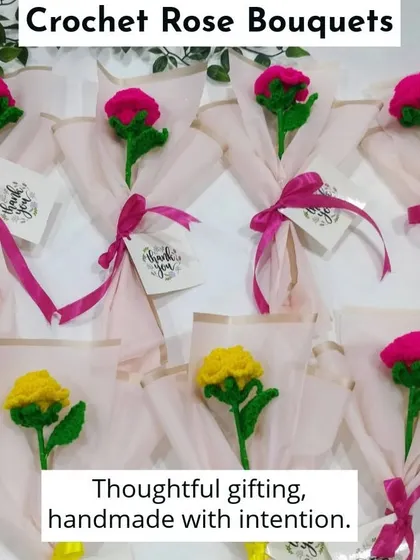 Thoughtful gifting, handmade with intention. These individually wrapped rose bouquets come with small "thank you" tags, making them a complete and personal gift.