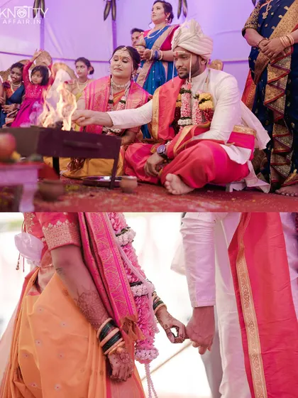 The couple performing the havan ritual and holding hands during their Maharashtrian wedding. We focus on the details of traditional ceremonies.