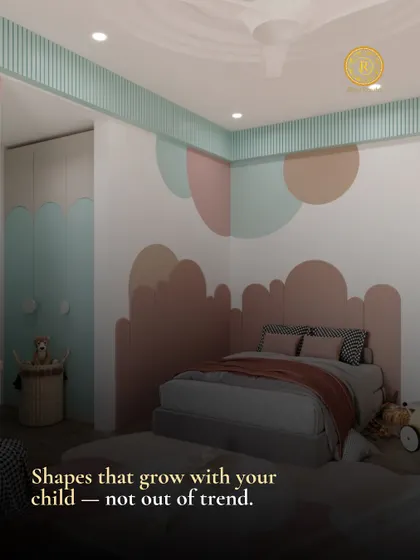 Shapes that grow with your child, not out of trend. This bedroom features a unique, cloud-like headboard and wall decals in a muted color palette, creating a timeless and imaginative space.