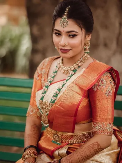 A beautiful portrait of my bride in her custom orange and cream wedding attire. The blouse embroidery was designed to match the motifs on her silk saree.