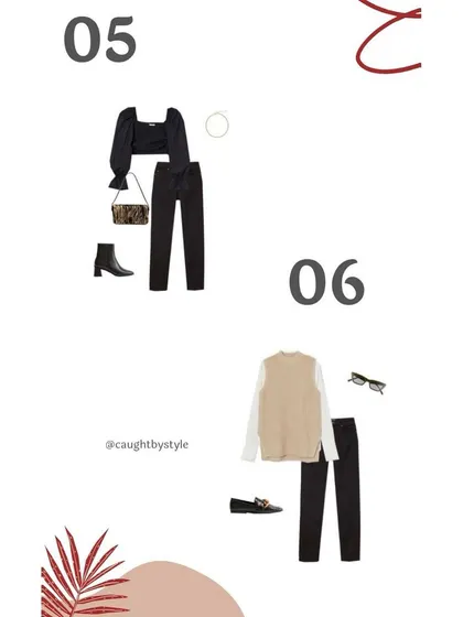 Skinny jeans can still be chic. Here, I've paired them with a voluminous top and heeled booties, and a sweater vest with loafers for two updated looks.