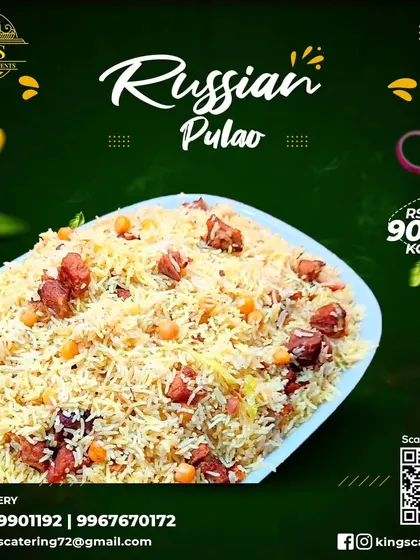 A promotional poster for our delicious Russian Pulao, available by the kilogram. It's a fantastic option for parties when you want a flavorful but less spicy rice dish.