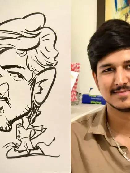 This side-by-side view shows how I translate a person's real-life features into a playful and exaggerated caricature sketch.
