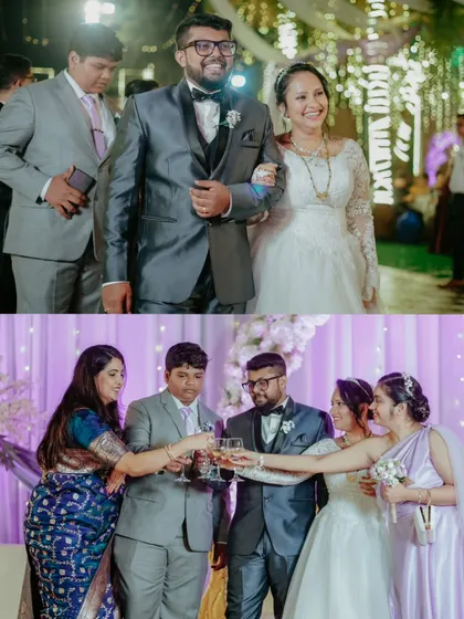 A collage showing the couple's reception entrance and a celebratory toast with their family and friends.