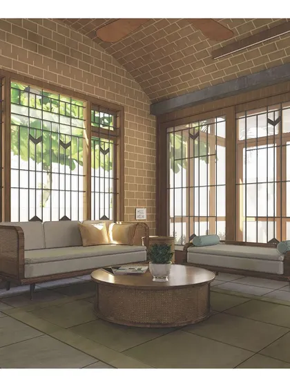 An illustration of the 'Nirupama' living room, focusing on how sunlight filters through the large windows to create a warm, cozy atmosphere.