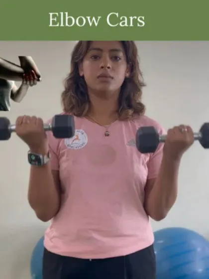 This image shows "Elbow CARs" (Controlled Articular Rotations) with light dumbbells. This exercise is designed to improve joint mobility and reduce pain in the elbows, a common issue for new moms.