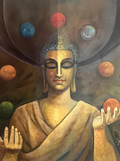 A 40x40 inch acrylic on canvas painting of Gautama Buddha in meditation, balancing the different spheres of life and religion.
