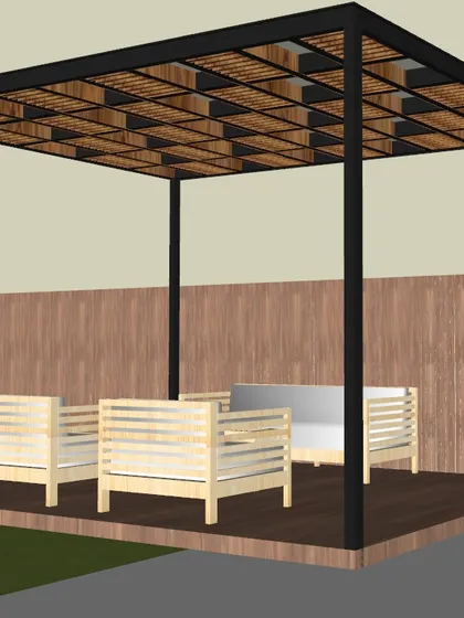 A 3D rendering of a pergola with a wooden deck and modern outdoor furniture. This is part of my design process to help clients visualize their future terrace space.